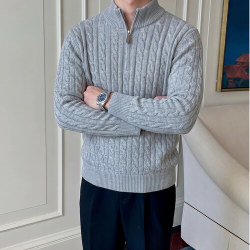 秋冬新款日系复古立领套头扭花保暖毛衣男韩版老钱拉链羊毛针织衫