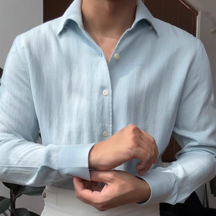 春秋韩国韩版新款一片领棉麻透气衬衫男那不勒斯简约纯色长袖衬衣