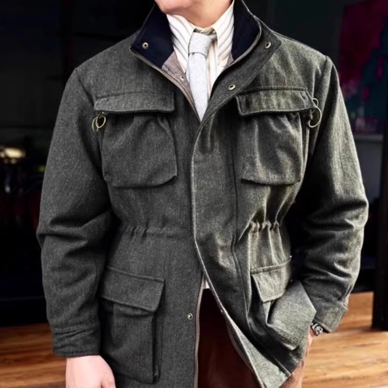 秋冬新款英伦轻奢游猎帅气中长款猎装男士韩版复古多口袋工装外套
