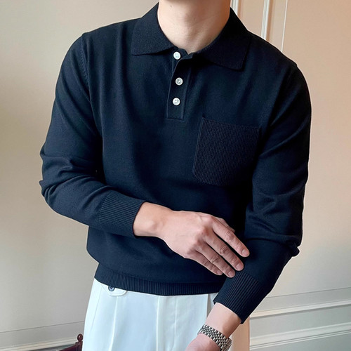 秋冬新款英伦纯色亲肤针织翻领毛衣男韩版休闲口袋保暖POLO衫港风