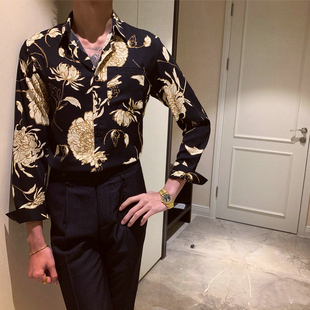 花寸衫 韩国韩版 长袖 男日系宽松夜店衬衣英伦修身 时尚 轻奢印花衬衫