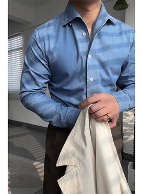 2025新款意式一片领牛仔衬衫英伦复古蓝色长袖修身衬衣商务休闲潮