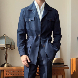 2025秋冬新款英伦时尚中长款游猎夹克男韩版修身多口袋猎装外套帅