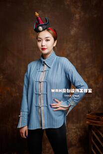 SUUNAI.WRH女装蒙古元素牛仔衬衫情侣男女长袖直筒纯色原创设计潮