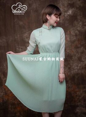 SUUNAI.WRH女风琴连衣裙通勤民族风雪纺立领长袖原创拉链中腰单件
