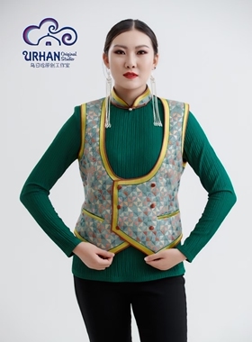 SUUNAI.WRH蒙古女装马甲衬衫两件套通勤蒙古袍民族风立领长袖黑色