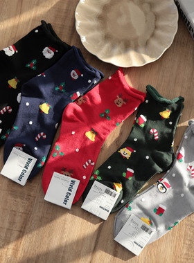 Christmas~韩国东大门新年红色圣诞节棉袜女袜圣诞树麋鹿卷边袜子