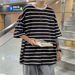 2021新款夏季条纹短袖男t恤ins宽松学生衣服男女港味chic潮流半袖