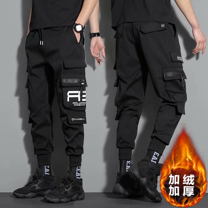 秋冬季机能多口袋工装裤男士加绒束脚宽松潮牌男裤韩版潮流休闲裤