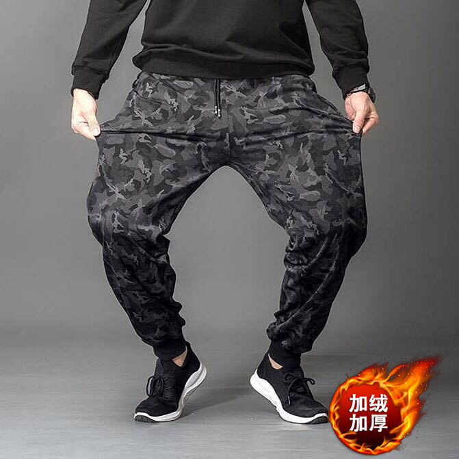 秋冬加绒加厚纯色大码运动裤男工作裤子弹力宽松休闲九分束脚长裤