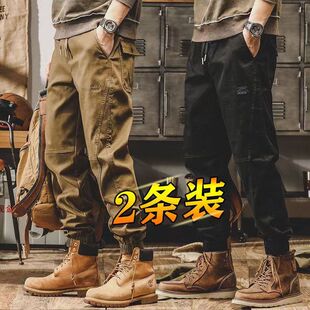 干活休闲裤男士春秋季2023新款束脚宽松运动九分工装裤子男款秋天