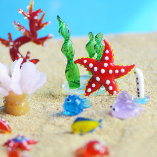 手作琉璃玻璃摆件螃蟹水草海星小鱼海洋生物动物微景鱼缸装 饰造景