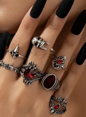 复古vintage7件套戒指女亚文化哥特风辣妹小众骷髅蜘蛛指环套装