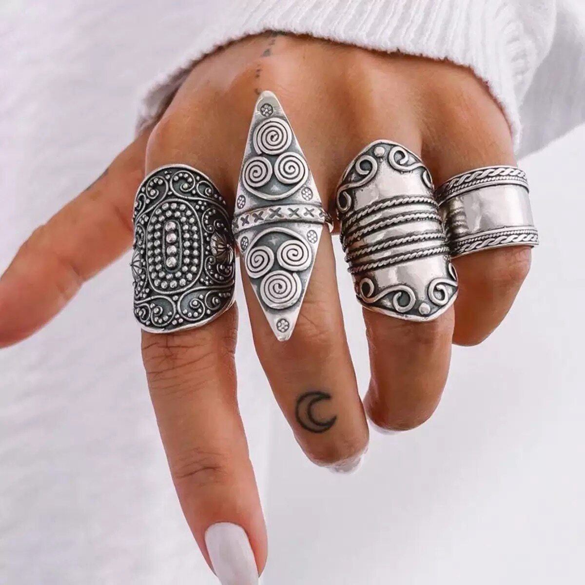 复古vintage夸张戒指4件套女朋克风花纹小众个辣妹高级感指环套装