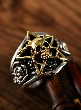 复古骷髅五芒星开口戒指男欧美暗黑系朋克风小众嘻哈潮流指环夸张