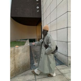 不咸cheese 复古高级感灰绿色宽松中长款棉服风衣外套女休闲大衣