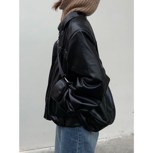 不咸cheese 质感软皮单肩斜挎包两用软皮背包男女机车皮包