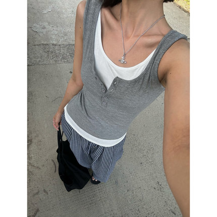 不咸cheese 韩系休闲叠穿假两件弹力背心吊带女上衣夏