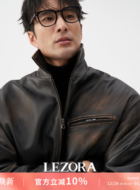LEZORA 美式vintage手工擦色山羊皮工装落色Detroit Jacket皮衣男