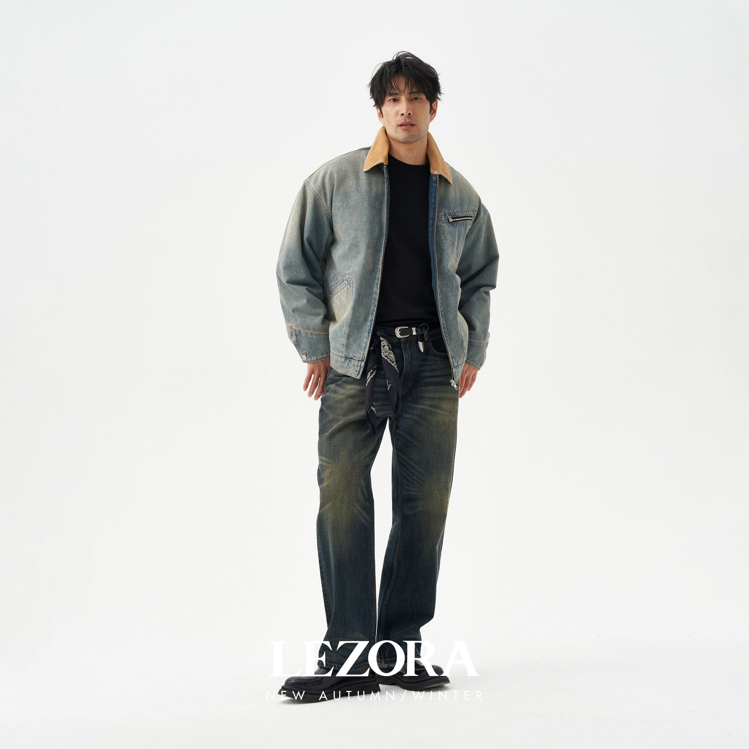 LEZORA泥染水洗猫须直筒牛仔裤
