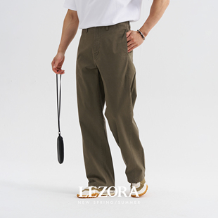LEZORA日本棉质成衣水洗 宽松直筒弯刀剪裁chino裤休闲裤男