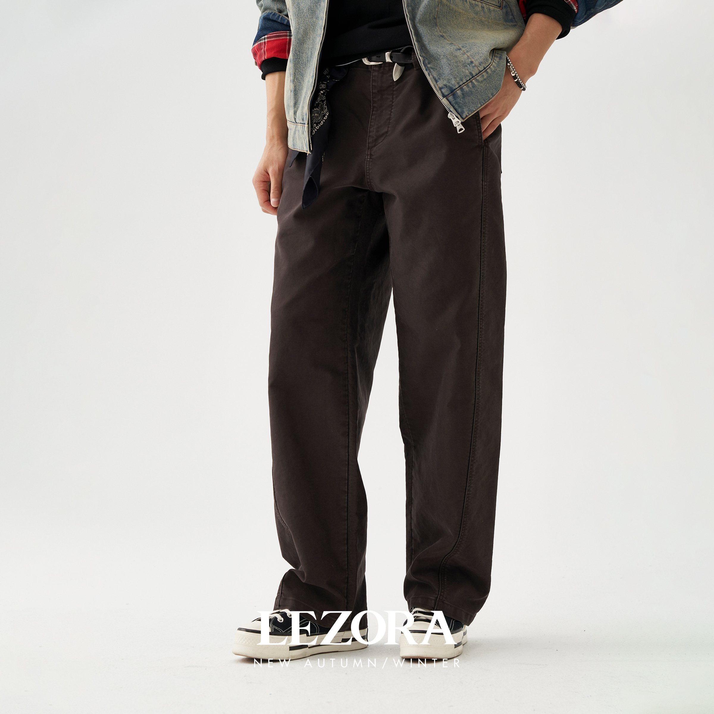 LEZORA鼹鼠皮复古灰棕弯刀裤