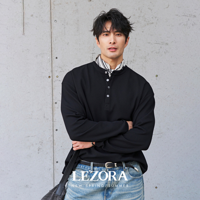 LEZORA华夫格亨利领长袖T恤