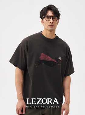 LEZORA 超人狗superdog 棉质vintage怀旧破坏洗宽松短袖T恤男