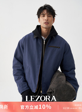 LEZORAVintage成衣重水洗全棉帆布牛皮领厚款底特律Detroit夹克男