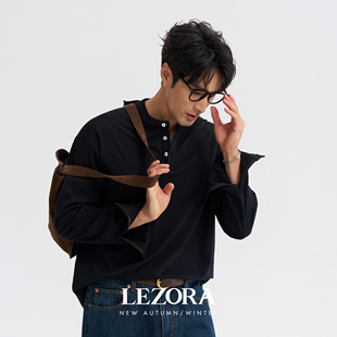 LEZORA静奢桑蚕丝磨毛！莫代尔真丝超细腻亨利领长袖T恤男