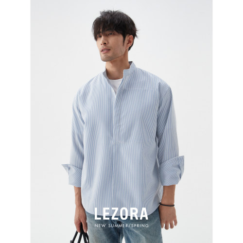 lezora条纹泡泡纱小立领衬衫