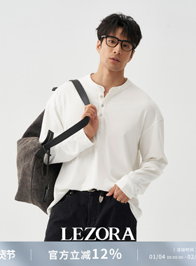 LEZORA 硬汉row感！贴身裸感260g sorona混棉亨利领黑色长袖T恤男
