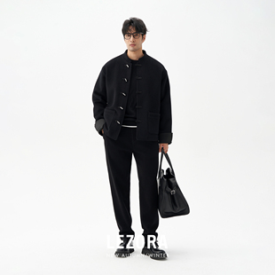 LEZORA山羊绒拼缎面三醋酸 金属竹节扣立领新中式羊绒大衣男
