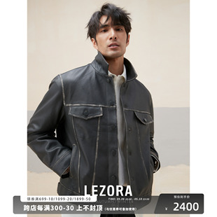 LEZORA 湖羊皮复古风皮衣夹克男 烤焦白半植鞣做旧 沧桑重工