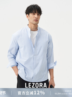 LEZORAh*oolywood同款日本色织条纹面料半门襟立领长袖knight衬衫