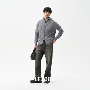 圆领针织开衫 LEZORA 马鞍袖 超细美利奴粗纺羊毛 男 硬控好穿