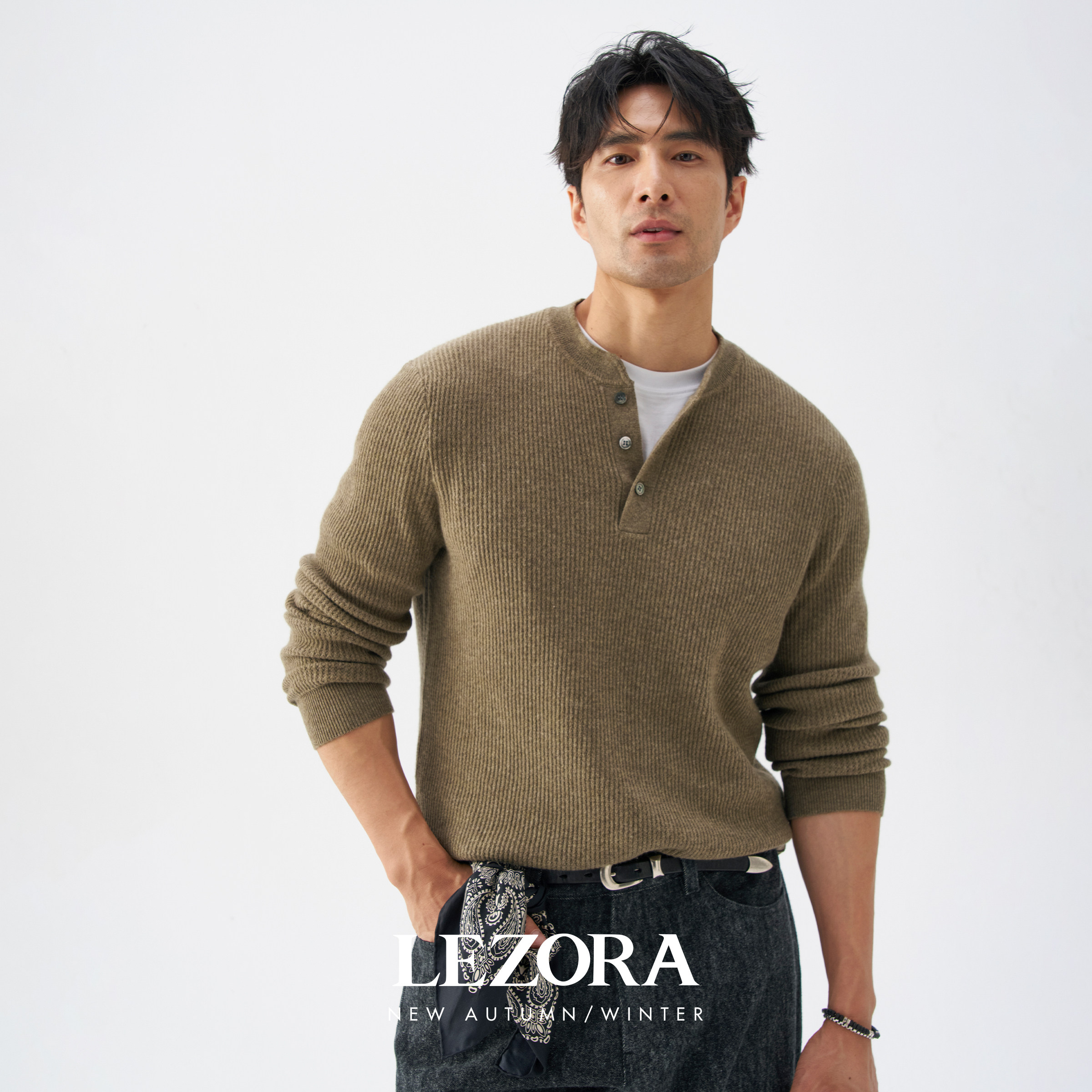 LEZORA格雷系山羊绒！新西兰进口超细美利奴羊毛亨利领针织衫男冬