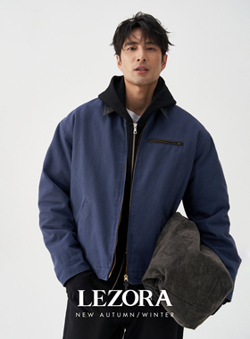 LEZORAVintage成衣重水洗全棉帆布牛皮领厚款底特律Detroit夹克男