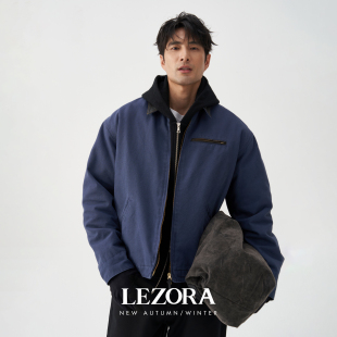 LEZORAVintage成衣重水洗全棉帆布牛皮领厚款底特律Detroit夹克男