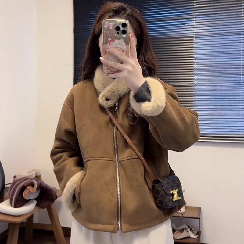 皮毛一体复古麂皮绒毛领短外套女加厚保暖宽松小个子百搭夹克上衣