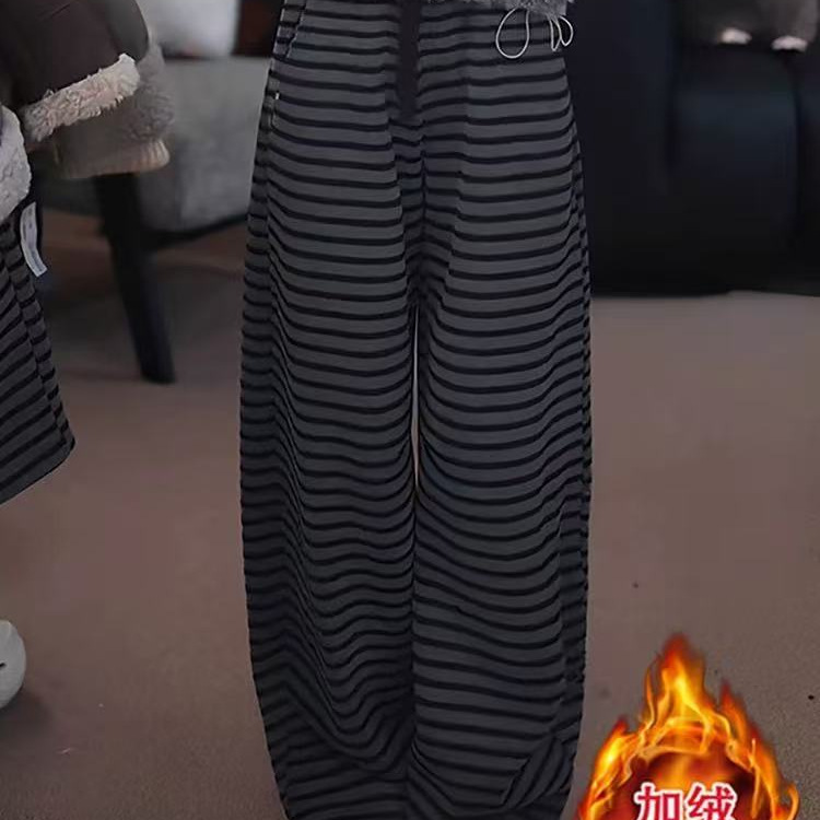 2025年冬款棉裤女条纹加绒加厚保暖棉裤学院风韩版棉裤裤子糯米绒