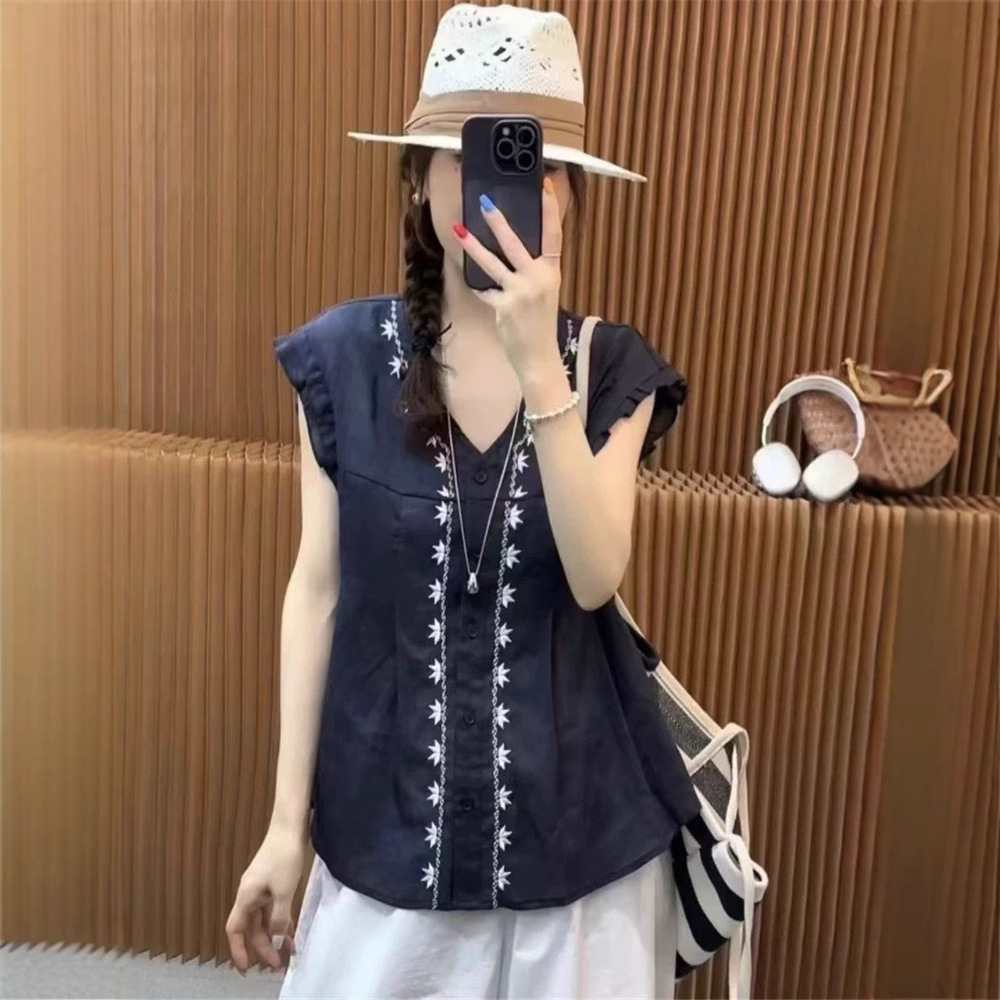 韩系V领刺绣无袖衬衫女2025夏季新款宽松显瘦百搭洋气休闲上衣潮