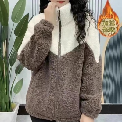 羊羔毛摇粒绒短外套女2023冬季加绒保暖韩版宽松棉衣特大码中长款
