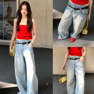 ZY GODDESS-辣妹高腰直筒阔修饰腿型显高显瘦通勤牛仔裤(配腰带)