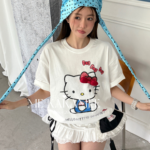 ME KAKAMEE-春新品卡通KT喷画下摆拼接荷叶花边宽松大版短袖T恤