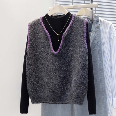 棉茧 灰色V领亮片针织马甲女外穿2025新款秋冬胖mm巨好看叠穿上衣