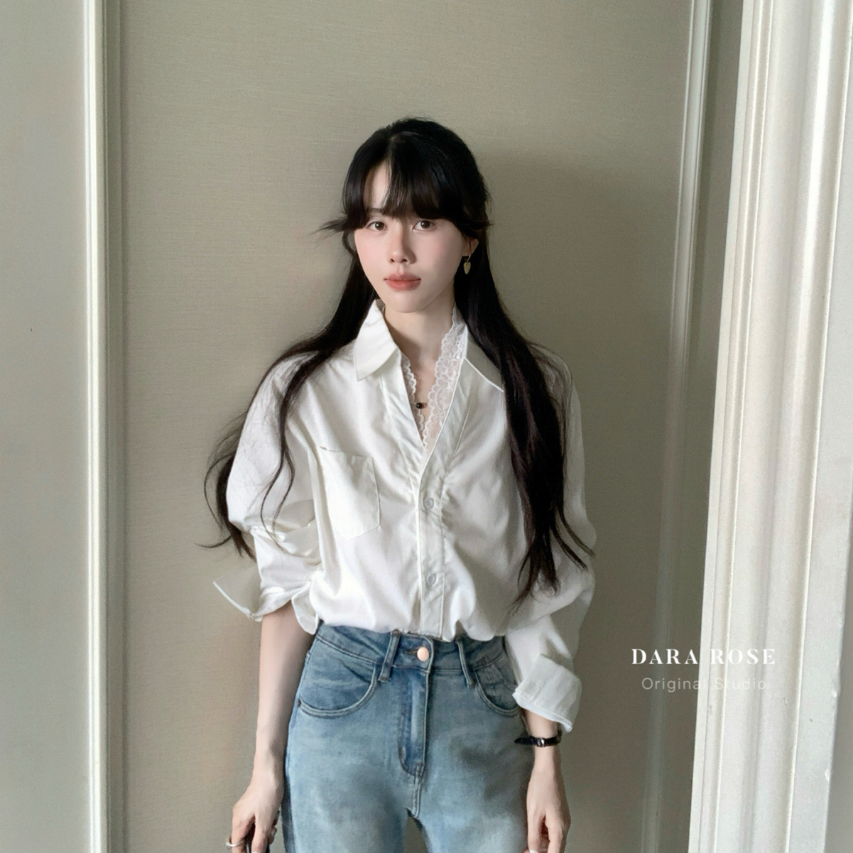 DARA ROSE法式蕾丝拼接长袖韩系小众衬衣高级感气质上衣衬衫