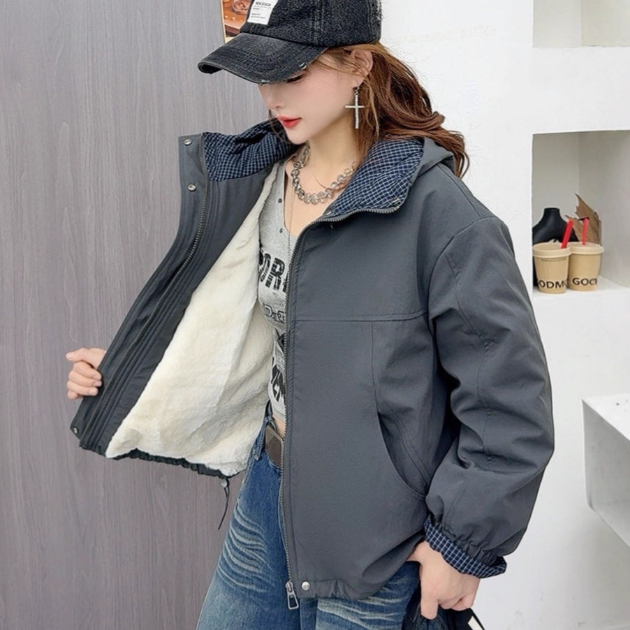 2025冬新款韩系休闲加绒加厚冲锋衣外套女小个子棉衣棉服夹克