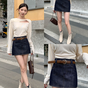 ZY GODDESS-韩版复古高腰A字牛仔百搭半身裙(配腰带)(内含打底裤)