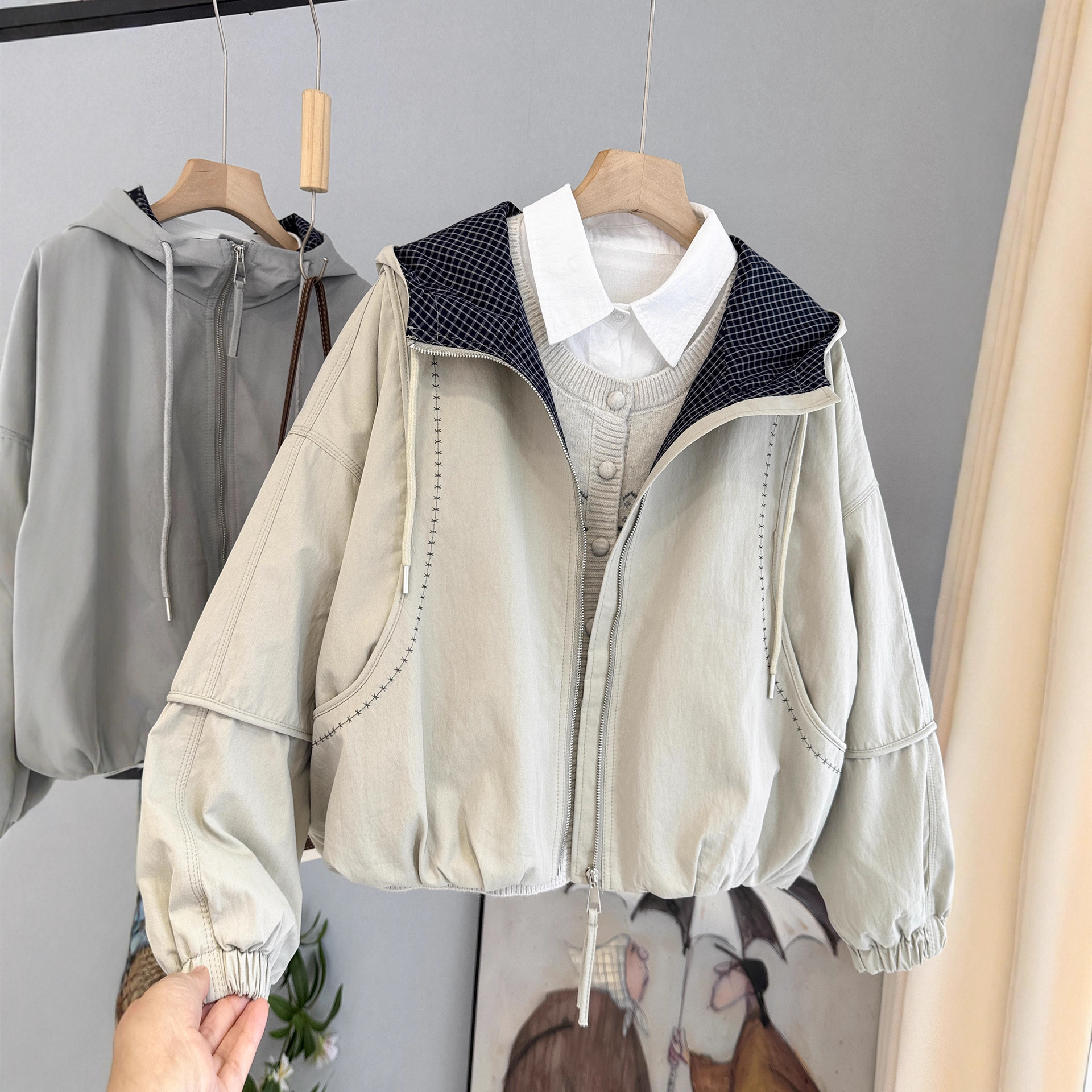 韩版连帽明线设计加棉外套女2025秋新款宽松显瘦上衣时尚休闲夹克